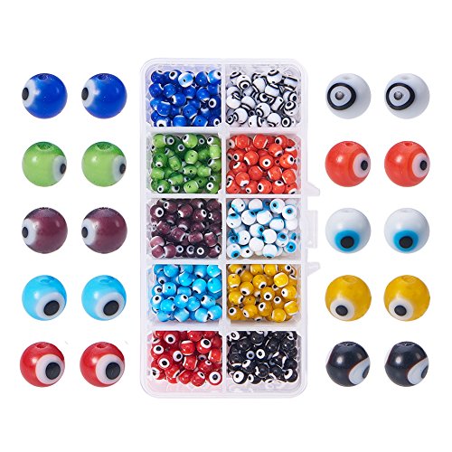 PH PandaHall 1 Box (About 500pcs) 10 Color 6mm Round Evil Eye Lampwork Beads Handmade Beads Assortment Lot for Jewelry Making