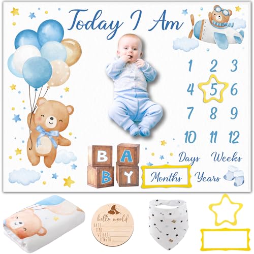 Image of Guiqulai Bear Baby Monthly Milestone Blanket Bear Star Balloon Flannel Blanket Newborn Infant Swaddle Baby Growth Blanket Photography Background with Wooden Signs,Frames,Bibs