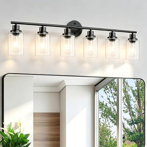 Image of 6-Light E26 Black Bathroom Vanity Lights, Modern Bathroom Light Fixtures with Clear Glass Shade, Wall Lamps for Mirror Hallway Kitchen Cabinet Living Room Sconces Lights