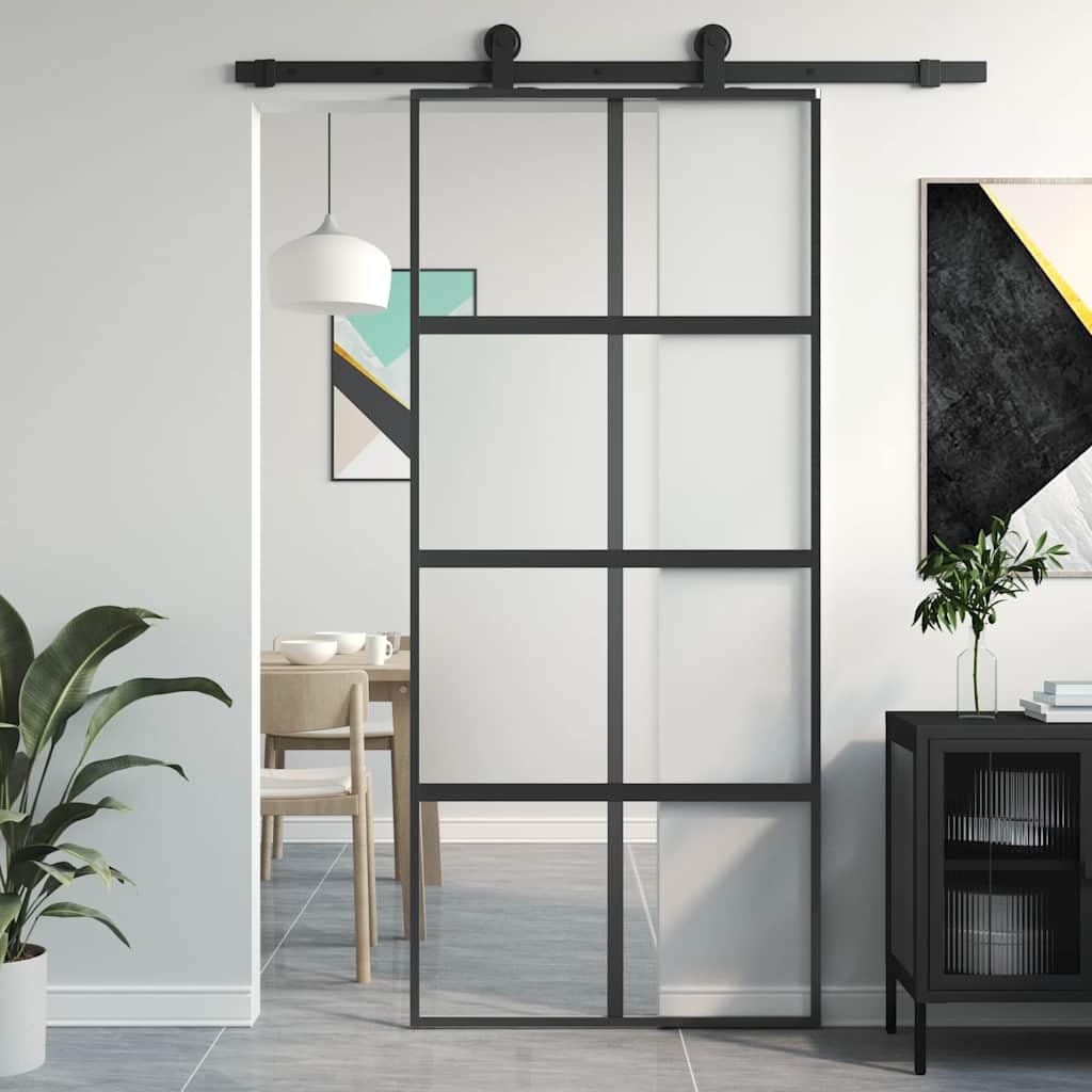 Drzwi przesuwne ze szkła hartowanego i aluminium, czarne, 90 x 205 cm, matowa przezroczysta powierzchnia szklana, do drzwi przesuwnych, zestaw okuć, ciche zamykanie, nowoczesna separacja