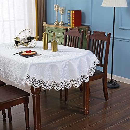 Elegant White Lace Jacquard Oval Tablecloth Tabletop Decoration Cover for Oval Tables Home Decoration 60 x 84 Inch