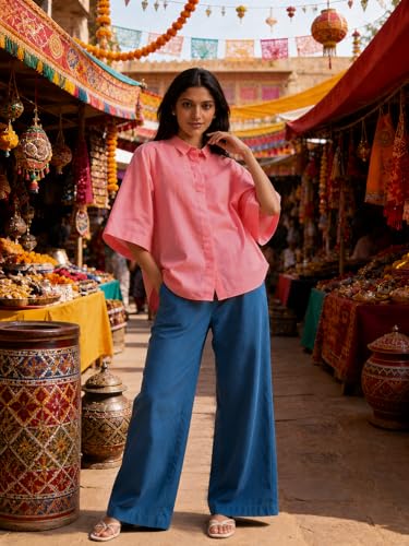 Image of Shirt for Women | Casual Button Down Long Sleeve Blouse | Oversized Striped Loose Fit Cotton Top with Pocket | Trendy Collar Aesthetics & Streetwear Tunics(34-S-1-5)