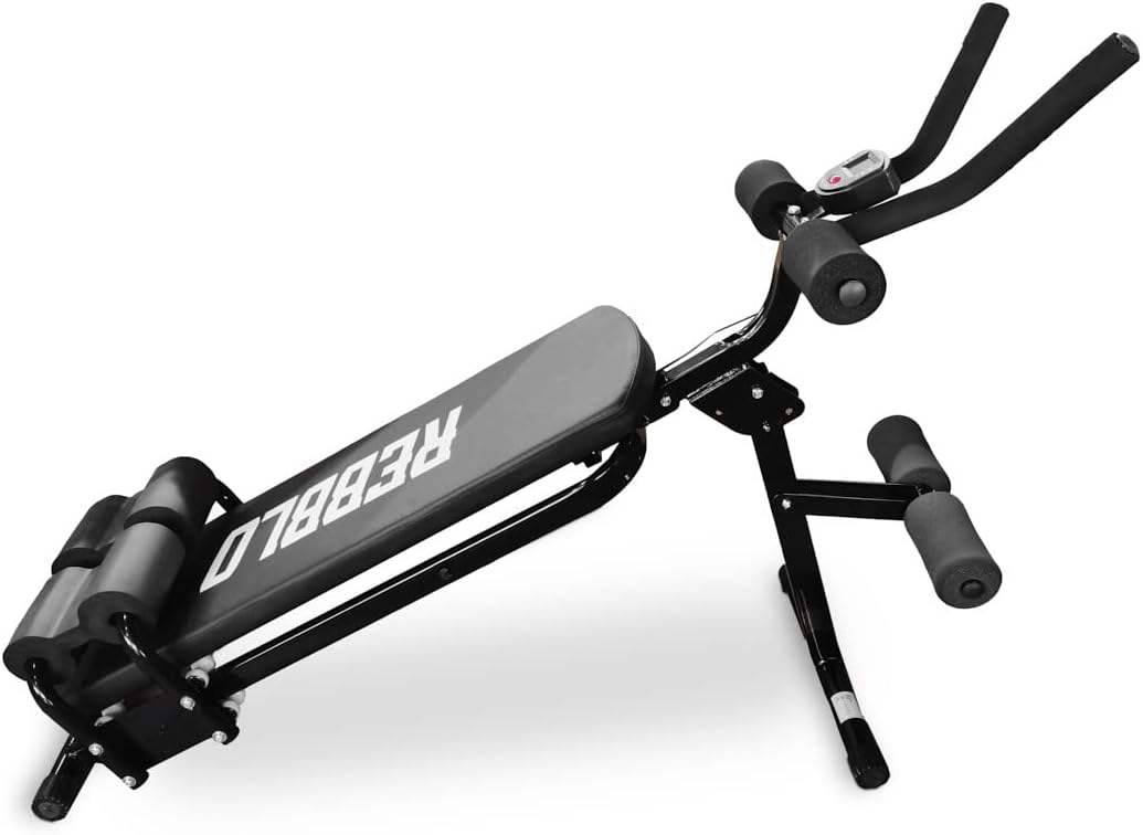 Ġenb view of REBBLO Workout Bench showing padded seat and foam rollers