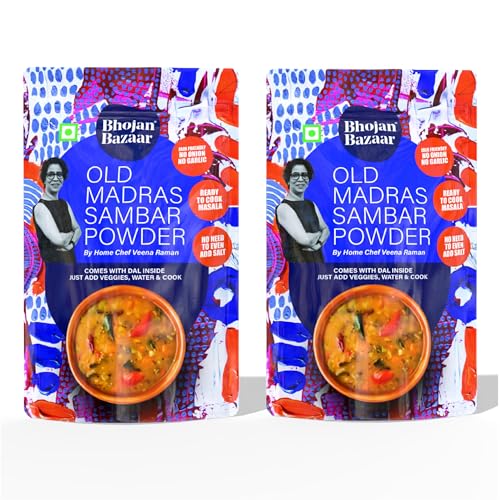 Image of Bhojan Bazaar Old Madras Sambar Powder - Pack of 2, 70 g Each | No Onion No Garlic Ready To Cook in 10 min | Serves 4 | South Indian Sambar With Dal | Free From Preservatives, Colours & Flavours
