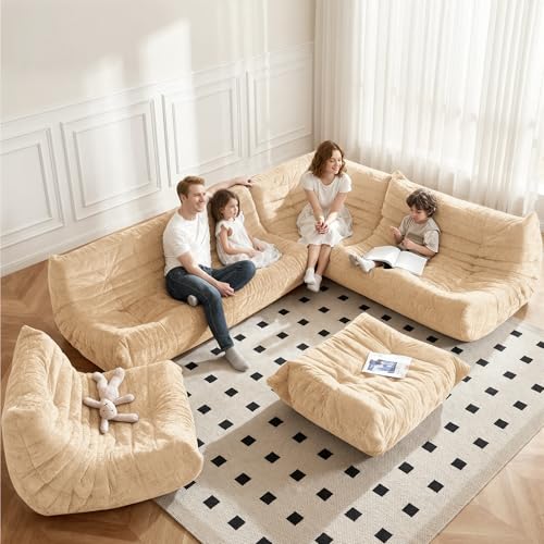Image of Bean Bag Chair, Memory Foam Bean Bag Chairs for Adults, Fireside Corner Chair Lazy Floor Corner Sofa for Living Room, Bedroom, Dorm, Office(Khaki)