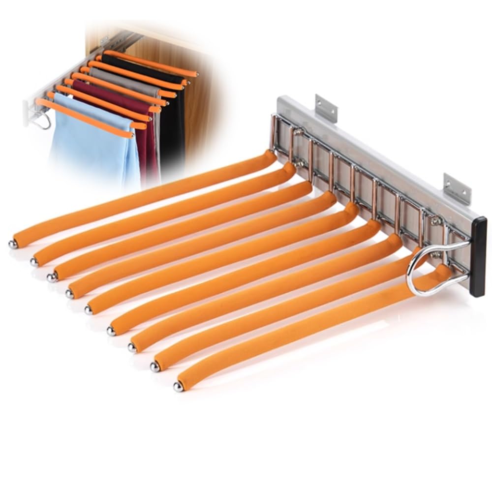 WMYYZYQ Heavy Duty Jean Hangers - Space Saving Pants Organizer Rack, Pull Out Clothes Hangers for Wardrobe Closet, Durable Black Pants Rack for Efficient Stor,Orange-Left
