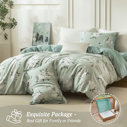 MILDLY Cal King Size Duvet Cover Set 100% Long-Staple Cotton Luxury Sage Green Floral Patten Reversible Comforter Cover Set 3Pcs