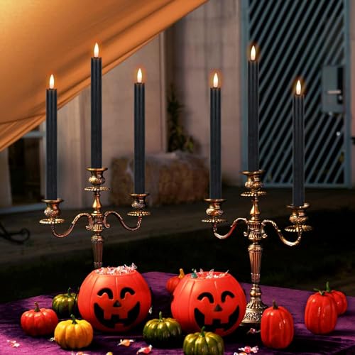 Image of Halloween Flameless Taper Candles with 6 Hour Timer, Battery Operated Black LED Taper Candles Real Wax 3D Wick Flickering Halloween Dinner Table Decor Lights(6 Pack, 0.78 inch x 9.64 inch)