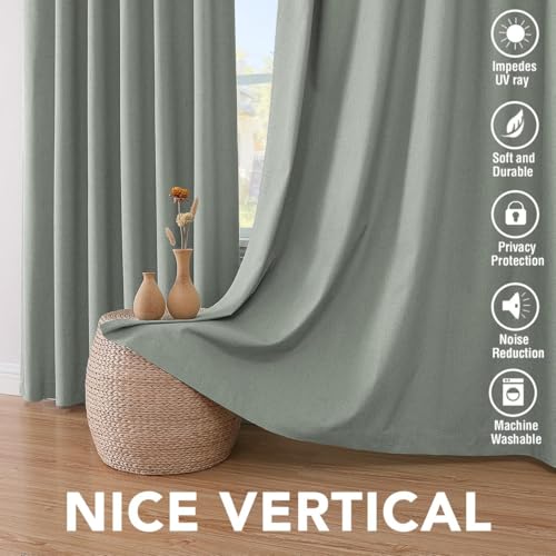 Image of H.VERSAILTEX Linen Curtains 100% Blackout Curtains for Bedroom 102 inch Long Full Light Blocking Nature Linen Blended Window Curtains for Living Room Nickel Grommet (2 Panels, Green Bay)