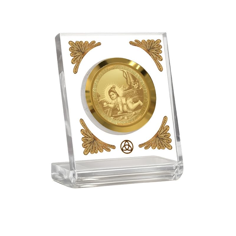 Image of DIVINITI 24K Gold Plated Lord Laddu Gopal Acrylic Frame for Car Dashboard, Home Temple & Office Table | Premium Spiritual Gift, Blessings for Protection & Positivity, 8x7 cm Decorative Showpiece