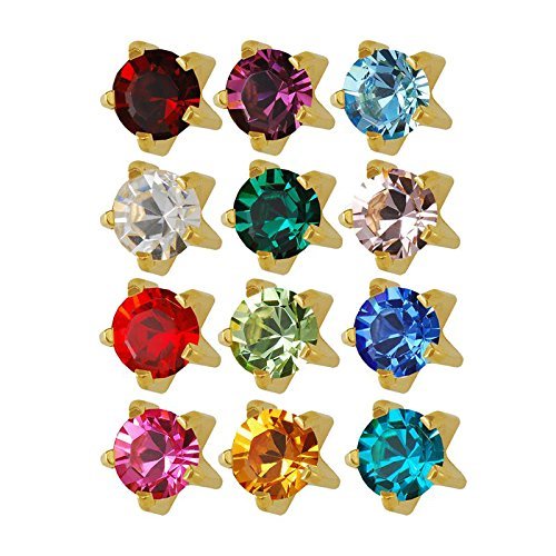 24K Plated Surgical Steel 3mm Regular Size Ear Piercing Earrings Studs in Prong Style Setting, 12 Pair Mixed Colors Yellow Metal