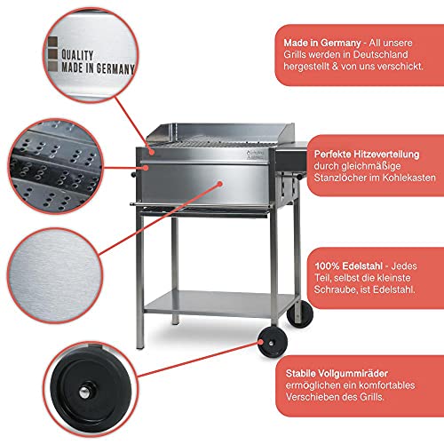 Foto von Premio II Grillwagen BBQ Holzkohlegrill aus rostfreiem Edelstahl mit Ablagetisch und Besteckhaken – Made in Germany: 5-fach höhenverstellbar, 3-teiliger Grillrost, Grillfläche: 55 x 33 cm