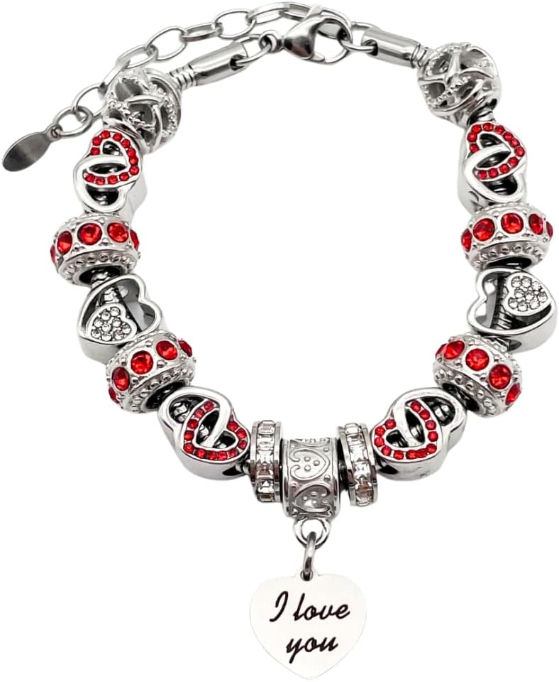 BELLA'S YARD I Love You Bracelet, Valentine's Day, Valentine, Gifts for her, Charm Bracelet for Women, 100% Stainless Steel, Water & Tarnish Resistant, Ideal Anniversary or Birthday Gift for Wife, Jewelry for Mom Girlfriend, 15 Charms Included - Adjustable, Includes Velvet Bag