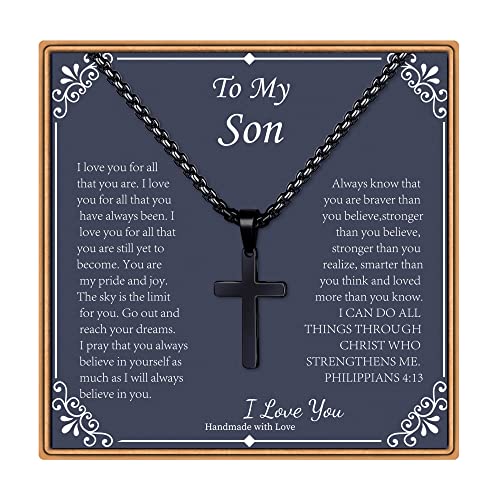 IEFLIFE Cross Necklaces Gifts for Men, Silver/Black/Gold Cross Necklace Box Chain Necklace for Men, Fathers Day Christmas Religious Baptism Christian Gift for Dad Son Boyfriend Husband Step Dad