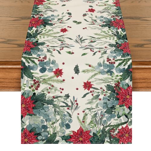 Artoid Mode Holly Poinsettie Camino de mesa con flores y Navidad, decoración de mesa de invierno, decoración de interior, vacaciones, fiesta, decoración, 40 x 240 cm
