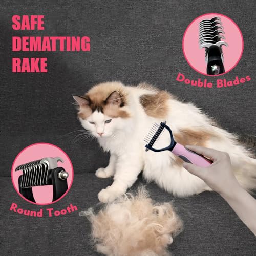 Image of Cat Brush for Shedding 5pcs - Long Haired Cats Brush, Indoor Cats Brush, Small Dogs Brush, Matted Fur Hair Brush with Flea Comb Set, Pink