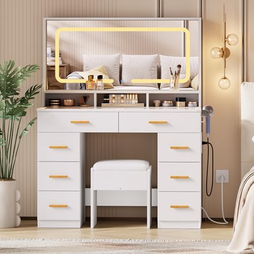 GarveeHome Makeup Vanity Desk with LED Mirror & Charging Station, 42" Dressing Table with Cushioned Stool, Glass Top & 8 Drawers & Hairdryer Rack, for