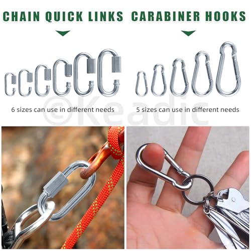 Keadic 30PCS Quick Link Chain Connector Assortment Kits include M3.5 M4 M5 M6 M7 M8 Chain Quick Link 6 Sizes Heavy Duty Spring Snap Hook Safety Quick Links Snap Hooks for Dog leashes Boat Ropes