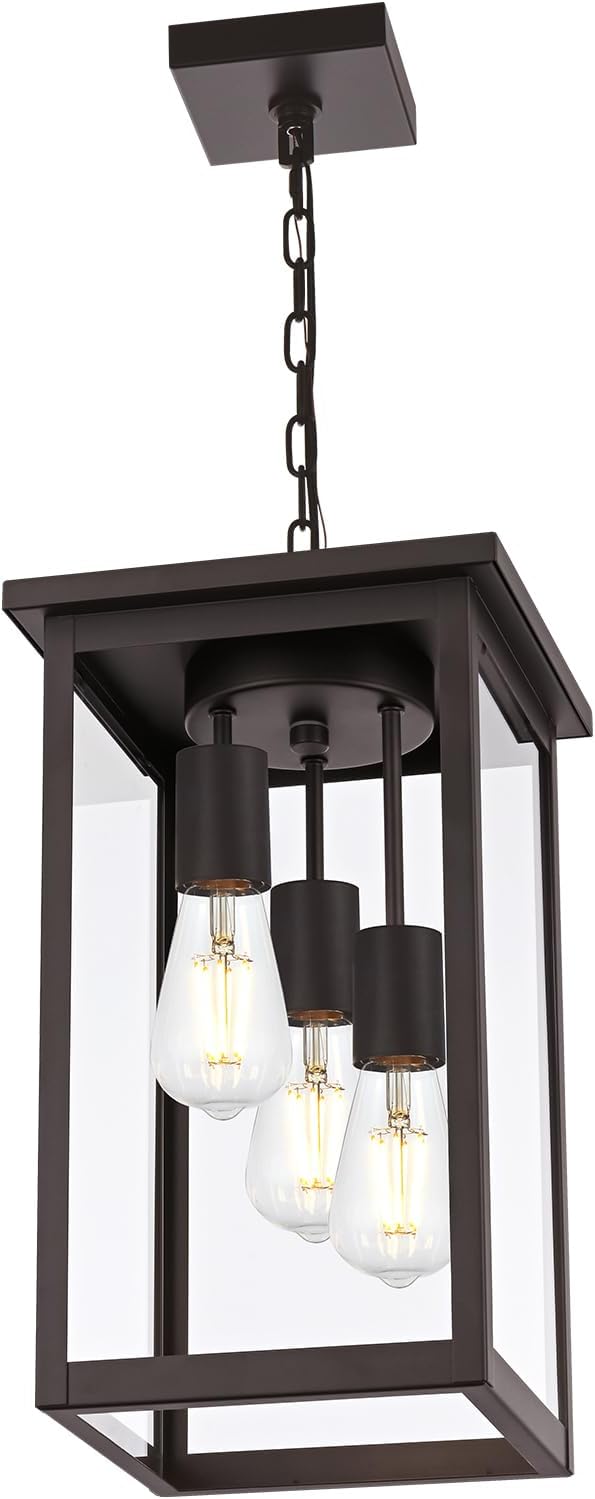 Yaohong Outdoor Pendant Light Fixture, 3-Light Vintage Oil Rubbed Bronze Farmhouse Exterior Hanging Lights with Clear Glass and Adjustable Chain, Outdoor Hanging Lantern for Porch Entrance Foyer Front