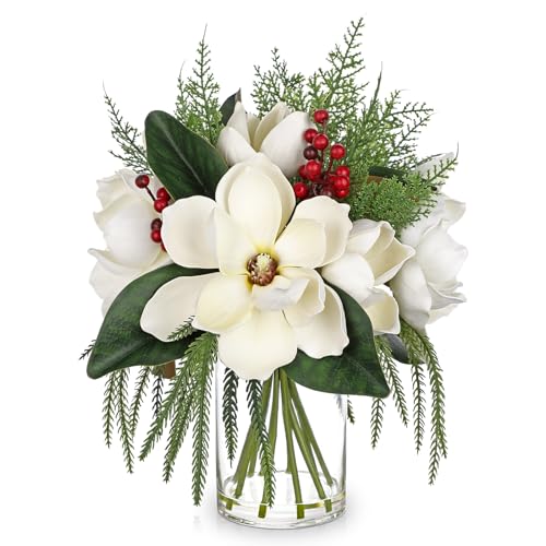 Briful White Christmas Magnolia Flower Arrangement in Glass Vase, 14.9" Artificial Magnolia with Winter Berries Cedar Silk Floral Centerpiece for Holiday Table Mantle Xmas Decor