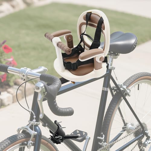 GrfceVue Child Bike Seat, Front Mount Detachable Bicycle Kids Seat 360&deg; Rotate Kids Bike Seat Carrier with Up and Down Adjusted Armrests for Kids Aged 6 Months to 8 Years Old, 88LBS Load (Beige)