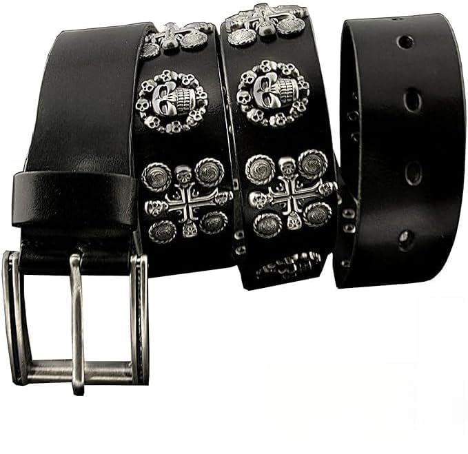 Mens Punk Genuine Leather belts, Biker Rock Skull Cross Black Waist Strap belt