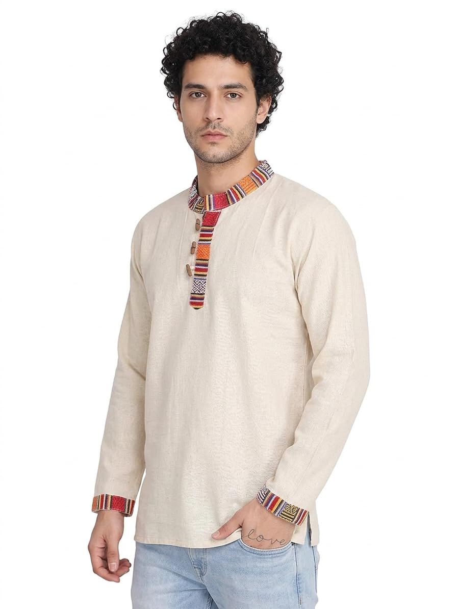 The MAKKI Trends - Indian Mens and Womens Fashion Straight Fit Khadi Cotton Ethnic Shirt-Short Kurta with Striped Collar Trim, Long Sleeve Casual Ethnic wear-picture-17