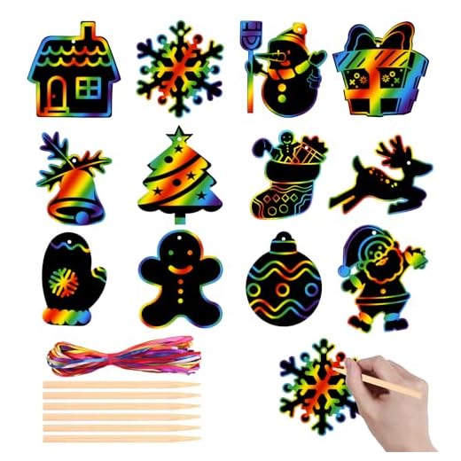 AWCIGG lot de 48 Carte a Gratter Enfant Noel Loisir Creatif Papier à Cartes Livre Dessin a Gratter de Noël avec 48 Rubans Colorés 24 Stylet en Bois Christmas Scratch Art