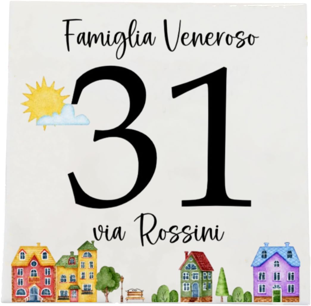 Numero Civico in Ceramica Personalizzabile, Targa Decorativa su Mattonella 11x11cm, Numeri Civici Esterno con Indirizzo e Nome Famiglia, Made in Italy, Stile Moderno