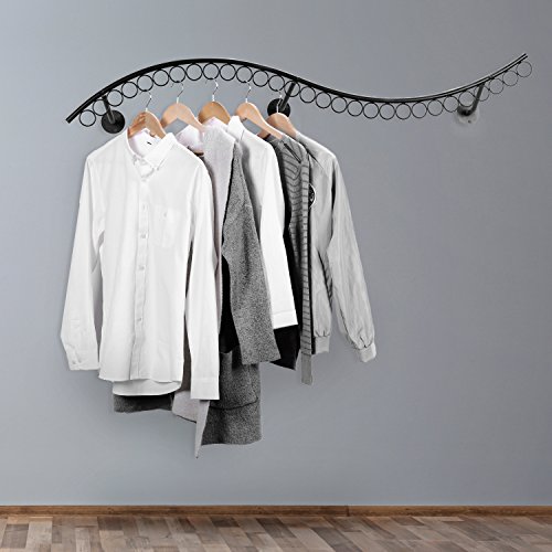 Mygift Wall Mounted Black Metal Single Rod Garment Clothing Rack With 29 Hanger Rings And Wave Design, Professional Retail Clothes Display Rack #TOP1