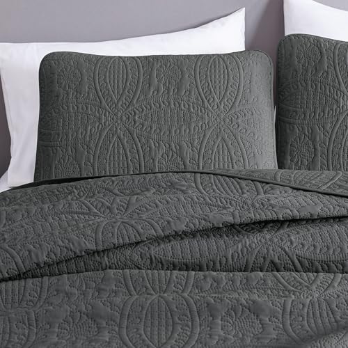 Image of Chezmoi Collection Austin 3-piece Oversized Bedspread Coverlet Set (Queen, Charcoal)
