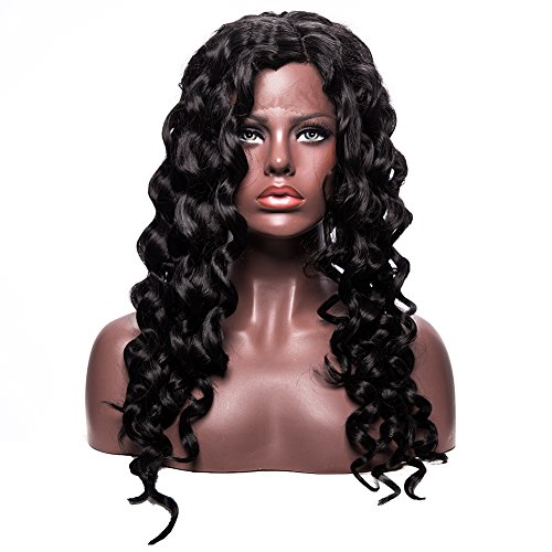 Long Curly Lace Front Wig for Women Black Color Heat Resistant Synthetic Hair 24 Inch