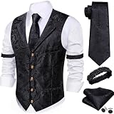 Barry.Wang Black Mens Vest Tie Sleeve Holder Set Silk Lapel Collar Business/Casual Flower Vests Wedding Tuxedo Waistcoat