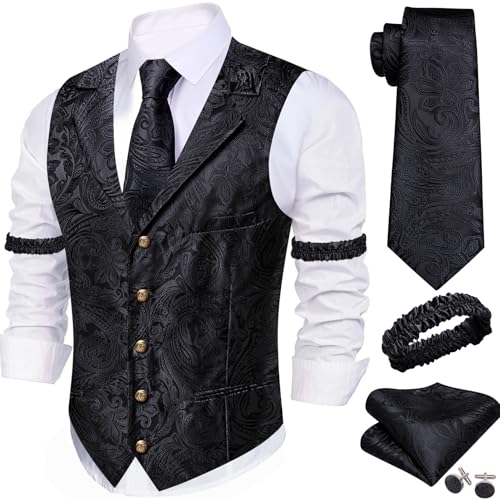 Image of Barry.Wang Mens Silk Lapel /Shawl Collar Vest Tie Sleeve Holder Set Formal /Casual Paisley Vests Wedding Tuxedo Waistcoat