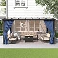 Gotland 10FTx14FT Outdoor Wall-Mounted Hardtop Pergola, Metal Frame Gazebo with Sloping Sun Panel Roof and Double Curtains for Patio, Garden, Lawn, Navy