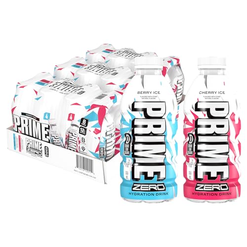 PRIME ZERO BERRY ICE & CHERRY ICE Sugar Free Sports Drinks, Electrolyte Enhanced to Replenish Fluids, B Vitamins, Antioxidants, Low Calorie, Made with Natural Flavors, 12 Fl Oz 24 Pack