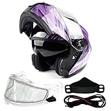 Typhoon TH158 Dual Visor Modular Full Face Snowmobile Helmet with Heated Shield, Breath Box (Purple, Large)