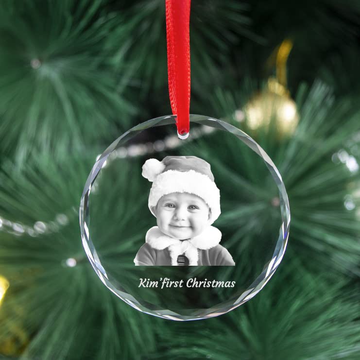 Personalized 2D/3D Crystal Photo Laser Engraved Glass Crystal First Christmas Ornament Customized Christmas Wedding Birthday Gift (Round Ornament)