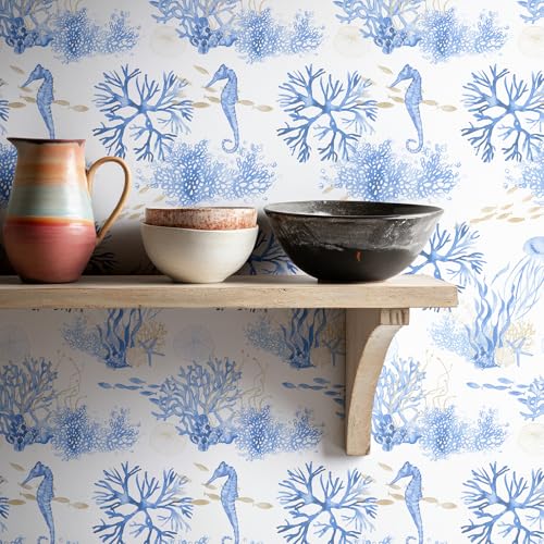 RUSPEPA Peel and Stick Wallpaper, Blue Ocean Theme with Coral