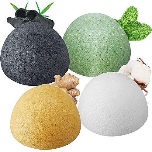 Spugna Konjac Viso,MZSM 100% Naturale Spugna Bianco/Carbone di Bambù/Tè Verde Konjac Spugna Corpo per Esfoliazione Pulizia Profonda, Sponge Konjac Set per Pelle Sensibile e Grassa 4pcs