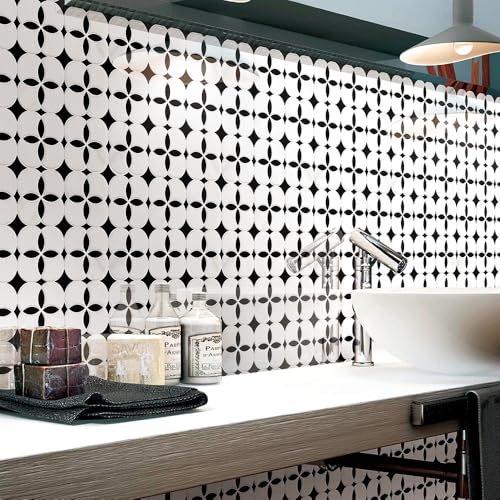 Anemone Flower Stone Mosaic Tile 5 Sheets Mixed Color Italian Gray Marble Stone Kitchen Backsplash Water Jet Mosaic Flooring Tile Interior for Kitchen Backsplash Wall 5 sq. ft. (Natural Black +White)