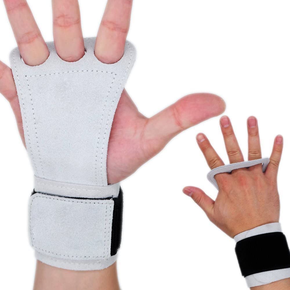 Impugnature in Pelle Naturale per Donna e Uomo, Protezione per Il Palmo, per trazioni, Sollevamento, Guanti da Ginnastica con Fascia per Il Polso (Grigio L)