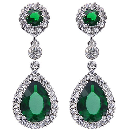 EVER FAITH Austrian Crystal Zircon Elegant Floral Teardrop Dangle Earrings Emerald-color Silver-Tone