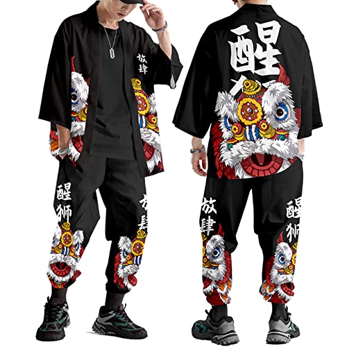 Image of DOSLAVIDA Men's Japanese Kimono Jacket Set Stylish Open Front Coat With Shorts Chinese Style Printed Cardigan Suit