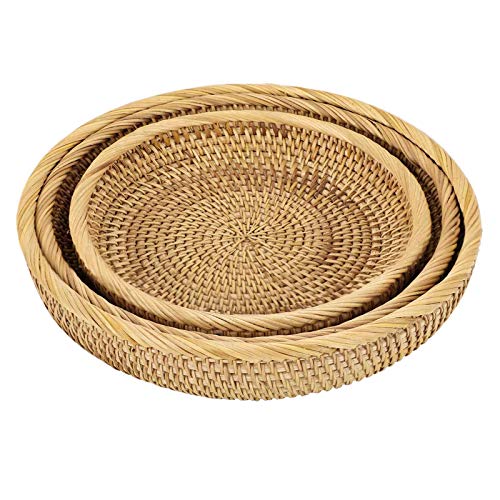 Sumnacon Set of 3 Round Rattan Woven Decorative Display Tray Fruit Bread Serving Baskets Storage Baskets Bowls Table Desktop Countertop (25+23+20cm)