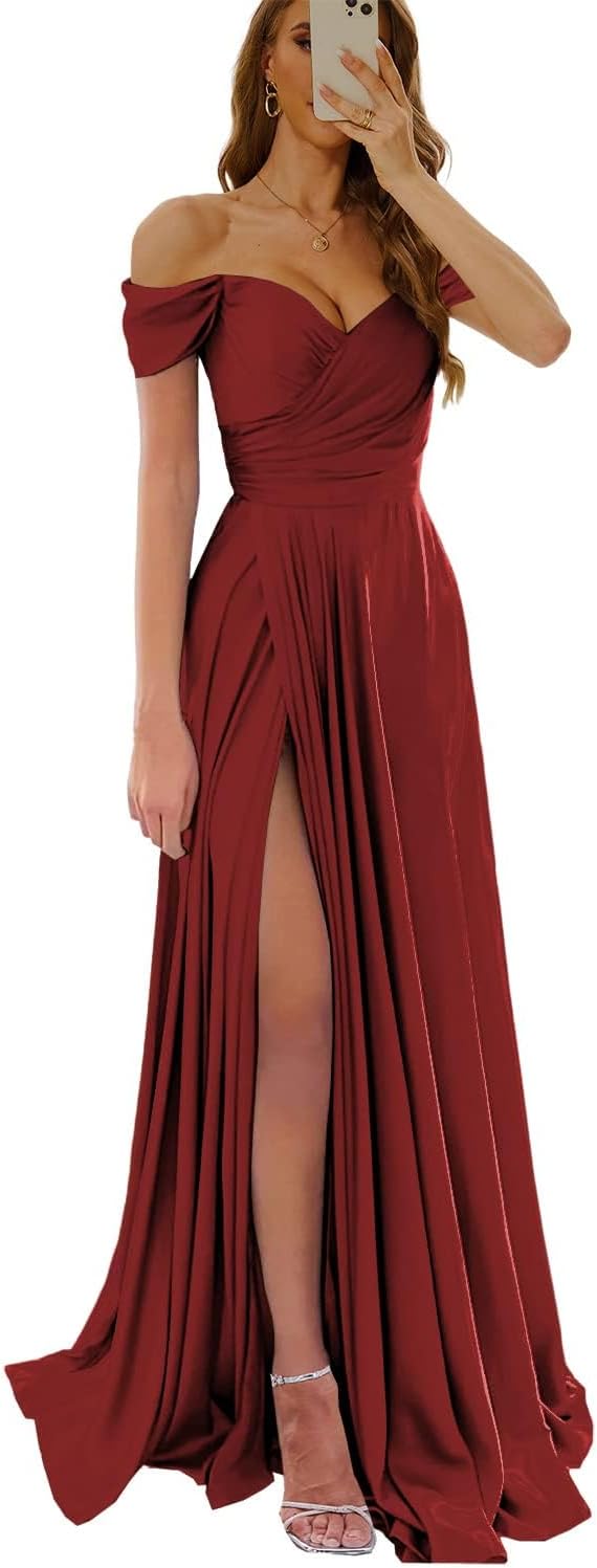Women's Off The Shoulder Bridesmaid Dresses with Slit Satin Formal Gowns Long Prom Evening Party Dress with Pockets