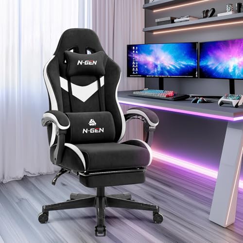 N-GEN GAMING Video Gaming Chair Office Computer Desk Use Ergonomic Reclining Backrest Adjustable Armrests Lumbar Support Footrest High Density Foam Breathable Fabric Heavy Duty Base (Black) - Image 3