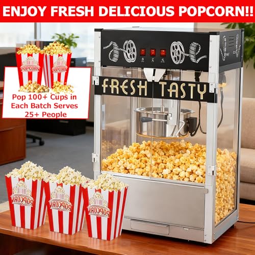 Image of Commercial Popcorn Machine With 40 OZ Kettle- Countertop Popcorn Machine for Theater Style, Stainless Steel, 3-Switch Control, for Business, School, Corporate, Institutional, Home Movie use, Black