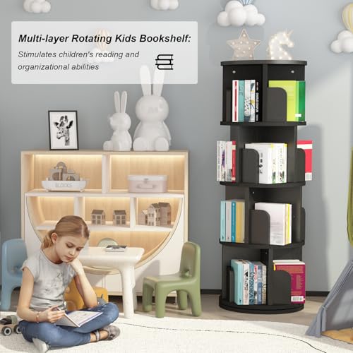 Rotating Bookshelf, 4-Tier Bookcase Storage Rack for Kids & Adults, Corner Spinning Book Shelf for Small Space, Wood Revolving Bookcase Organizer for Bedroom, Living Room, Black