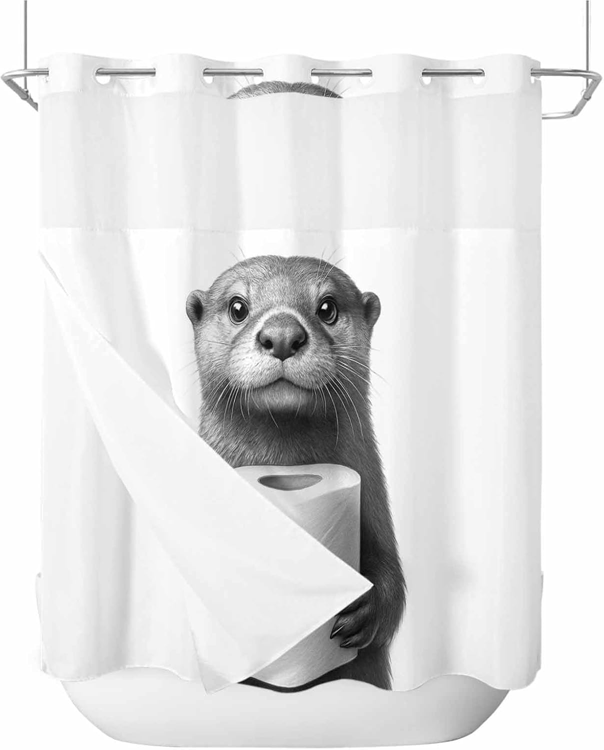 No Hook Shower Curtain and Snap in Liner Set, Cute Otter Fabric Bathroom Shower Curtains 72x72 Inch, See Through Mesh Top Window, Funny Animal with Toilet Paper Hotel Style, Washable Waterproof